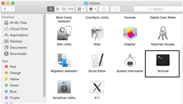 Terminal program in the Utilities tab